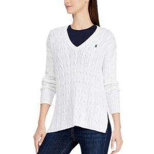 Ralph Lauren White Cable-Knit V-Neck Sweater